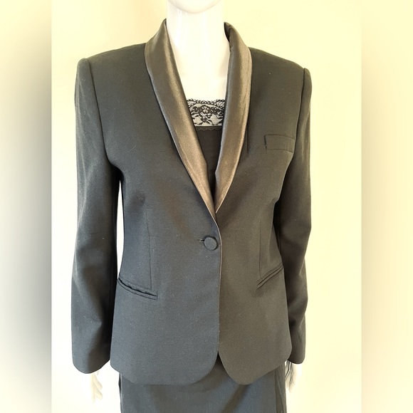 Zara black 100% Wool tuxedo style long blazer shiny black satin collar US Large - Picture 1 of 14
